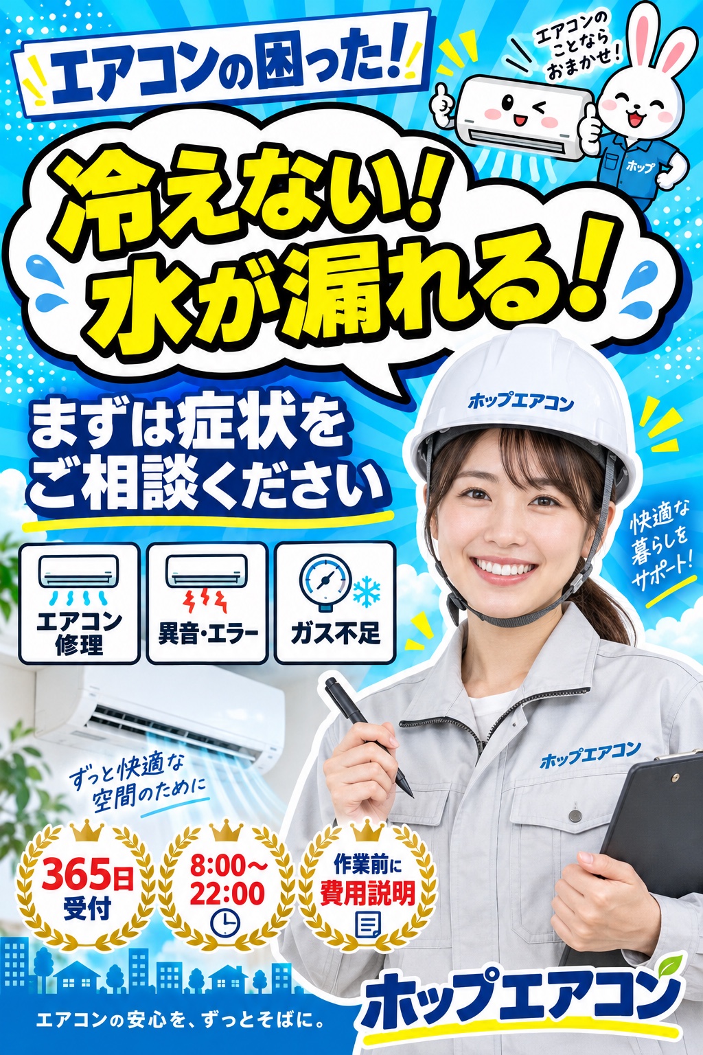 エアコンの困った！冷えない、水が漏れる、異音やエラー。まずはホップエアコンへご相談ください。