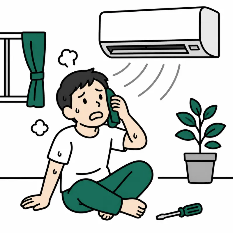 暑い部屋で冷房に困る人のイラスト