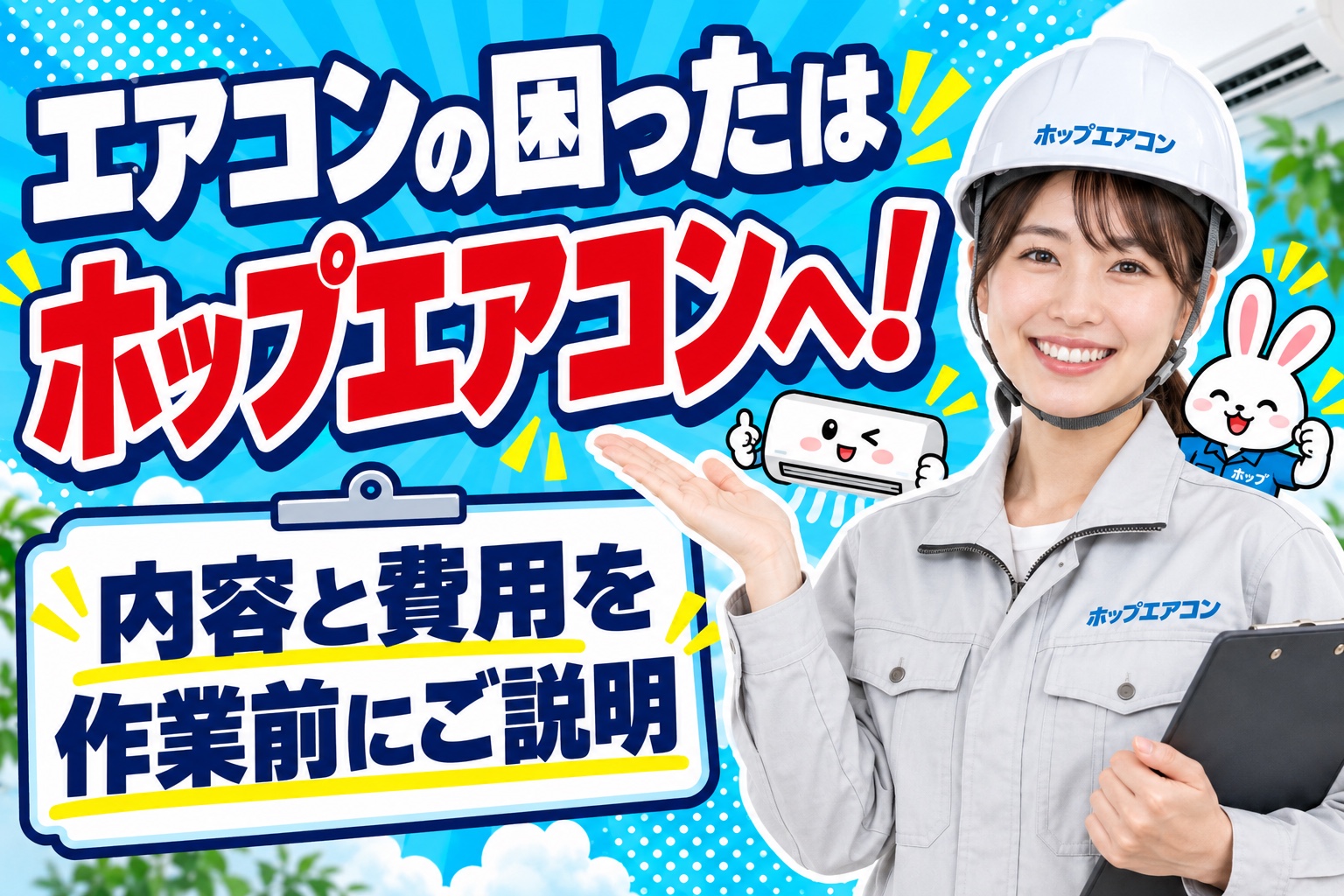 エアコンの困ったはホップエアコンへ。内容と費用を作業前にご説明。